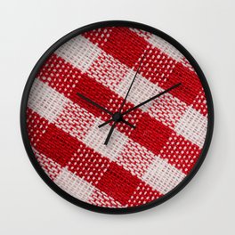 Red checkered fabric tablecloth pattern texture background diagonal view, red checkered fabric closeup , tablecloth texture macro view Wall Clock