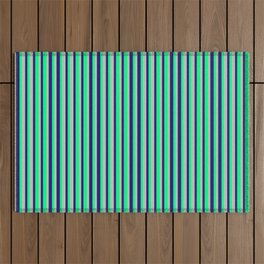[ Thumbnail: Midnight Blue, Green, and Grey Colored Stripes/Lines Pattern Outdoor Rug ]