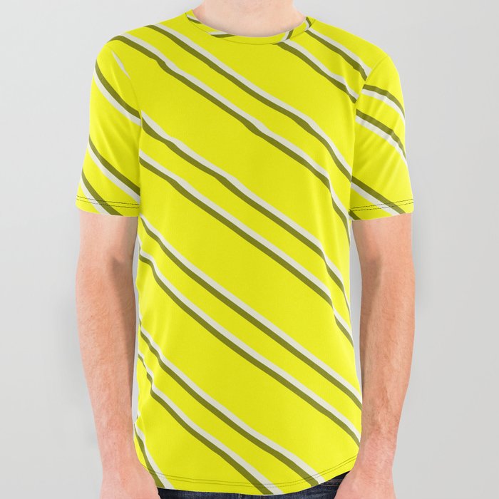 Yellow, Beige & Green Colored Pattern of Stripes All Over Graphic Tee