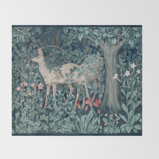 William Morris Forest Deer Greenery Tapestry Throw Blanket By