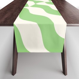 Retro Wavy Abstract Swirl Pattern in Green & White Table Runner