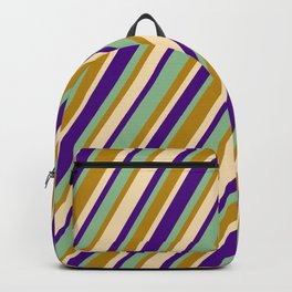 [ Thumbnail: Tan, Indigo, Dark Sea Green, and Dark Goldenrod Colored Stripes/Lines Pattern Backpack ]