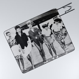 Air Flies Up Ladies Skirts, NYC Coney Island vintage female humorous black and white photograph - photography - photographs Picnic Blanket