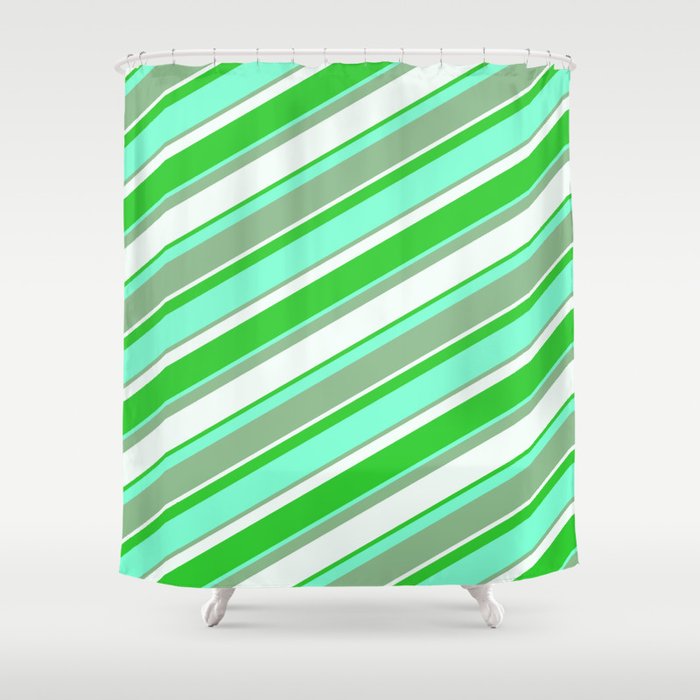 Aquamarine, Dark Sea Green, Mint Cream & Lime Green Colored Lined Pattern Shower Curtain