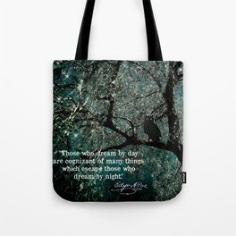 "Those Who Dream by Day" Owl in Tree with Quote by Edgar Allan Poe Tote Bag
