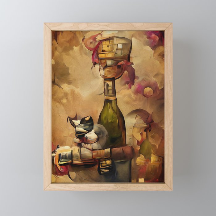 Cat With Wine Lives Framed Mini Art Print