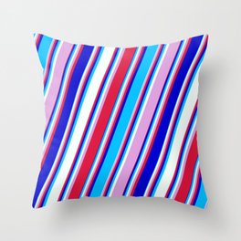 [ Thumbnail: Colorful Plum, Crimson, Blue, Deep Sky Blue, and Mint Cream Colored Lined/Striped Pattern Throw Pillow ]
