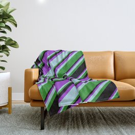 [ Thumbnail: Dark Orchid, Light Blue, Forest Green, and Black Colored Stripes/Lines Pattern Throw Blanket ]