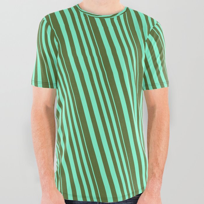 Aquamarine & Dark Olive Green Colored Lines/Stripes Pattern All Over Graphic Tee