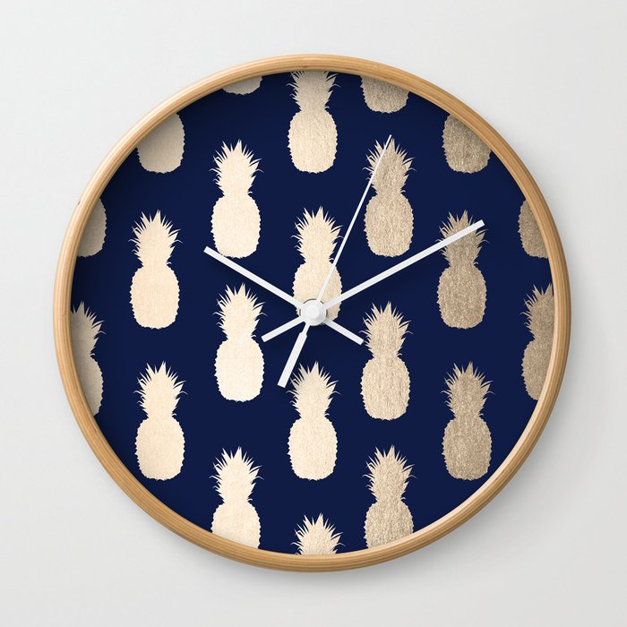 Gold Pineapple Pattern Navy Blue Wall Clock