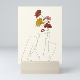 Colorful Thoughts Minimal Line Art Woman with Flowers Mini Art Print