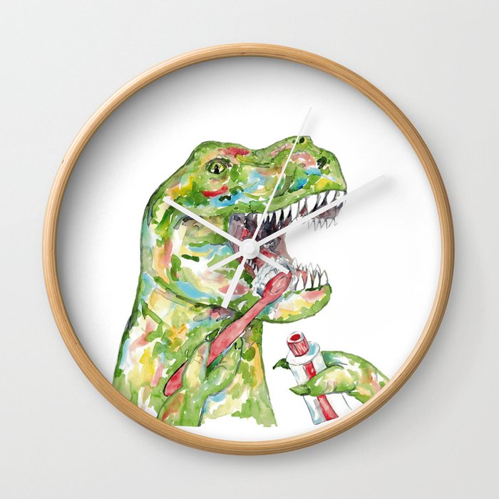 T-rex brushing teeth dinosaur painting watercolour Wall Clock