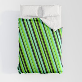 [ Thumbnail: Aquamarine, Green & Black Colored Lines/Stripes Pattern Comforter ]