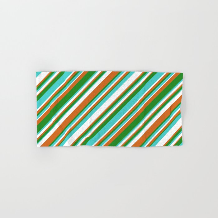 Chocolate, Forest Green, Turquoise, and White Colored Stripes/Lines Pattern Hand & Bath Towel