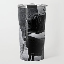 Smoking Boy with Chicken black and white photograph - photography - photographs Travel Mug