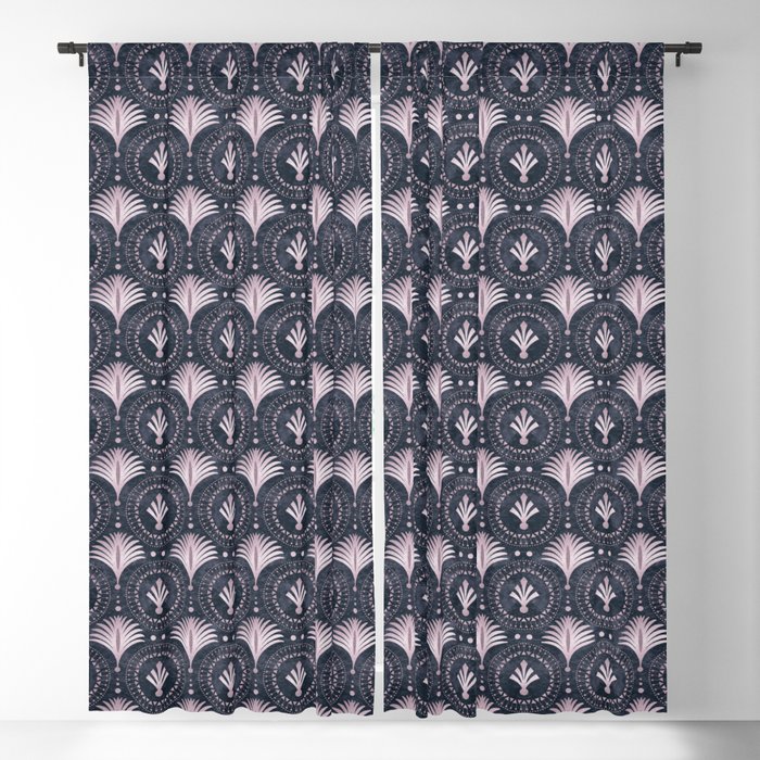 Blush Pink Art Deco Retro Pattern On Dark Blue Velvet Blackout Curtain