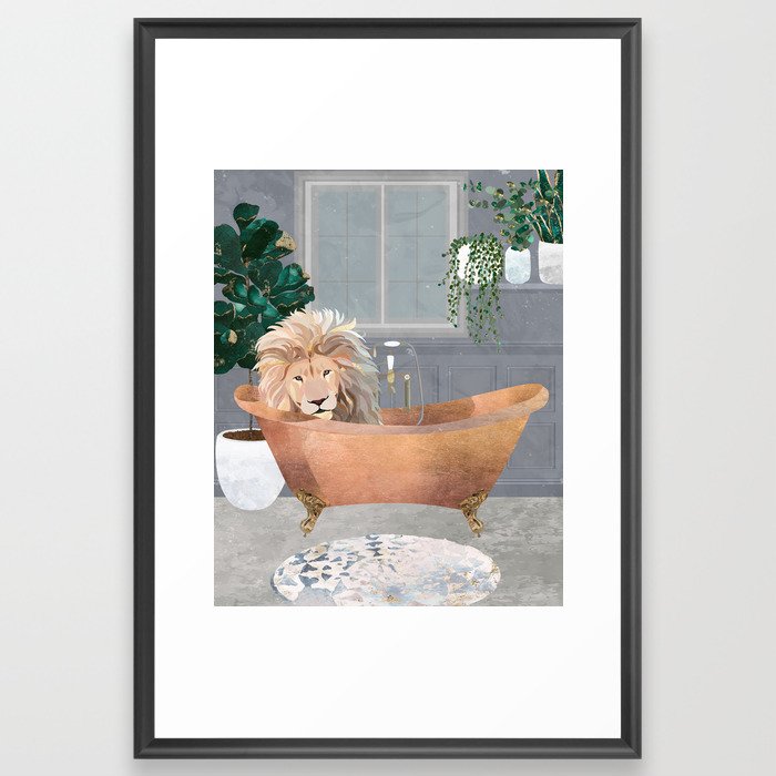 Lion in a bronze bath tub Framed Art Print