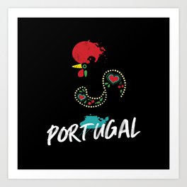 Barcelos rooster symbol of Portugal illustration on black background, Galo de Barcelos Art Print