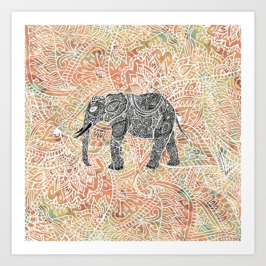 Tribal Paisley Elephant Colorful Henna Floral Pattern Art Print