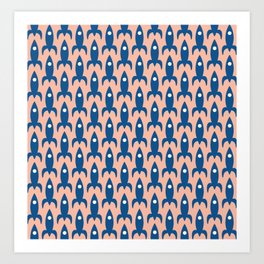 Atomic Age Rockets - Mid-Century Modern Space Age Rocket Pattern in Blue and Blush Pink Art Print