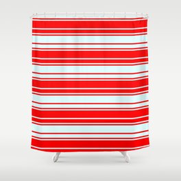 [ Thumbnail: Light Cyan & Red Colored Pattern of Stripes Shower Curtain ]