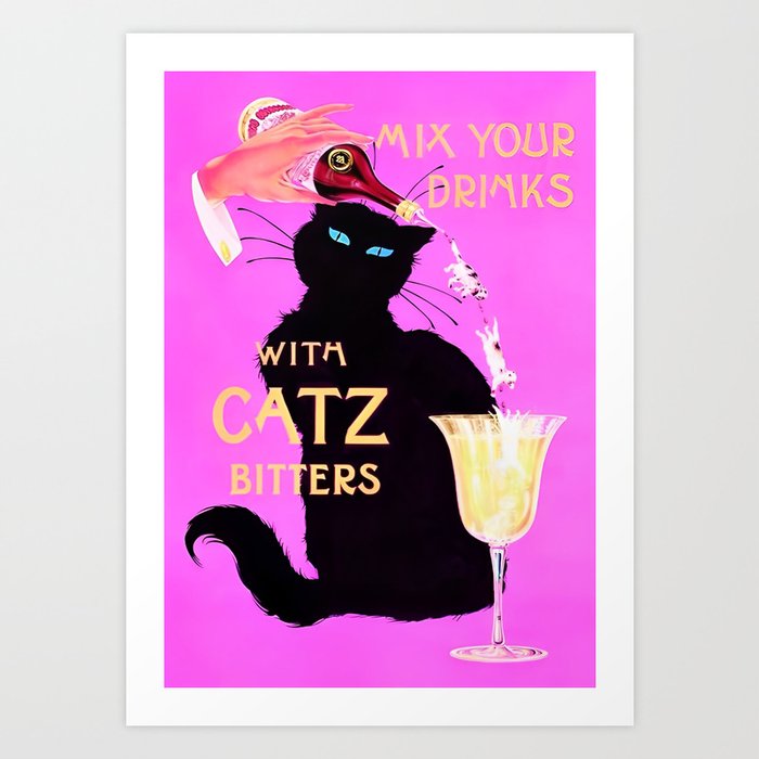 Rare pink Mix Your Drinks with Catz (Cats) Bitters Aperitif Liquor Vintage Advertising Poster Art Print / Posters Art Print