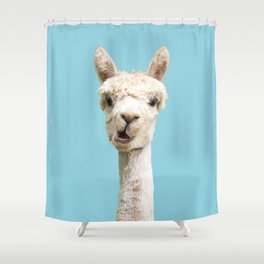 Cute white alpaca portrait on blue sky background Shower Curtain