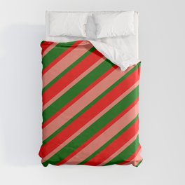 [ Thumbnail: Dark Green, Red, and Salmon Colored Striped Pattern Duvet Cover ]