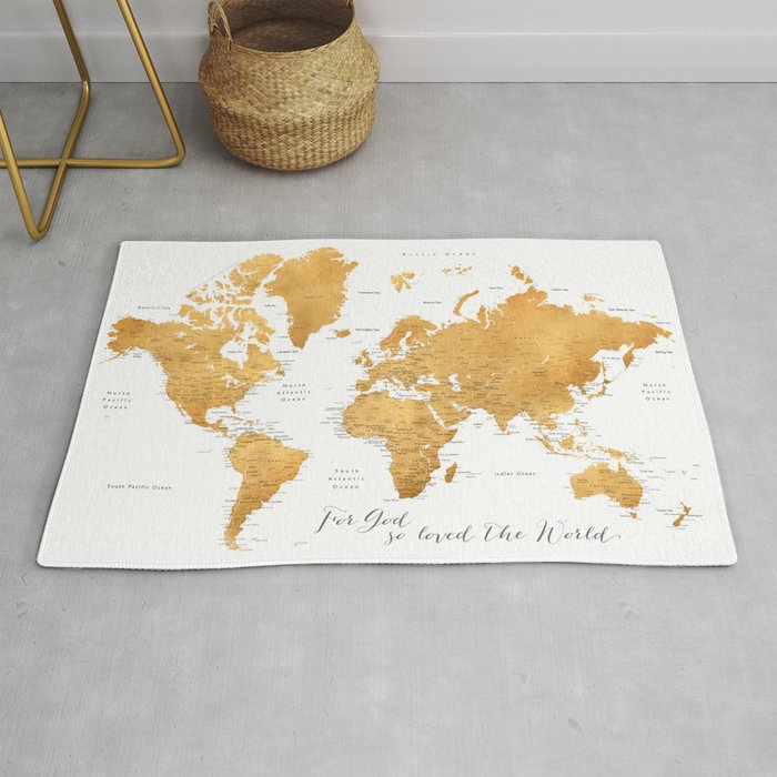 For God so loved the world, world map in gold Rug