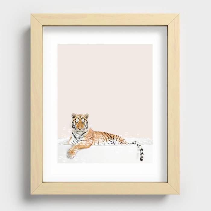 Tiger in a Bathtub, Tiger Taking a Bath, Tiger Bathing, Whimsy Animal Art Print By Synplus Recessed Framed Print