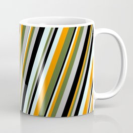 [ Thumbnail: Light Cyan, Dark Orange, Dark Olive Green, Grey, and Black Colored Striped Pattern Coffee Mug ]