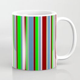 [ Thumbnail: Colorful Dark Grey, Blue, Pink, Maroon, and Lime Colored Lined/Striped Pattern Coffee Mug ]