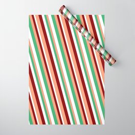 [ Thumbnail: Sea Green, White, Dark Red & Light Salmon Colored Lines/Stripes Pattern Wrapping Paper ]