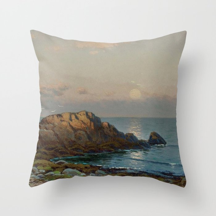 Moonlight New England Seascape nautical maritime landscape painting by Alfred Thompson Bricher Throw Pillow