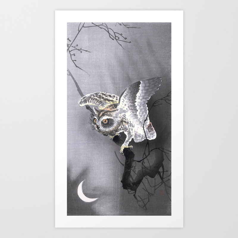 Koson Ohara Owl And Crescent Moon Japanese Vintage Woodblock