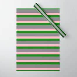 [ Thumbnail: Gray, Light Pink & Green Colored Lines/Stripes Pattern Wrapping Paper ]