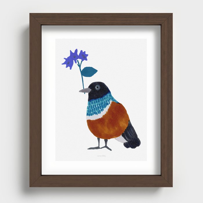 Flower Giving Bird - Blue and White Recessed Framed Print