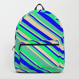 [ Thumbnail: Tan, Blue, Aquamarine & Green Colored Lines Pattern Backpack ]