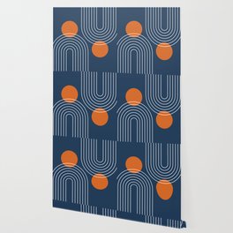 Mid Century Modern Geometric 83 in Navy Blue and Orange (Rainbow and Sun Abstraction) Wallpaper