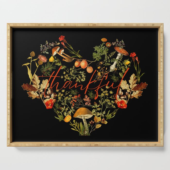 Autumn Dark Botanical Forest Mushroom Wildflower Thankful  Serving Tray