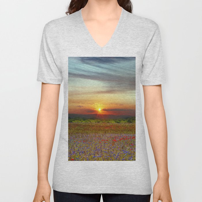 Red poppies and bluebells amid the setting sun V Neck T Shirt