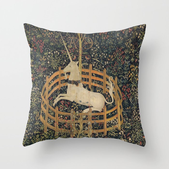 Unicorn In Captivity 'The Lady and the Unicorn' Medieval Tapestry Throw Pillow