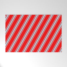 [ Thumbnail: Red and Light Blue Colored Lined Pattern Welcome Mat ]
