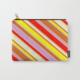 [ Thumbnail: Eyecatching Red, Yellow, Plum, Light Yellow & Chocolate Colored Stripes Pattern Carry-All Pouch ]