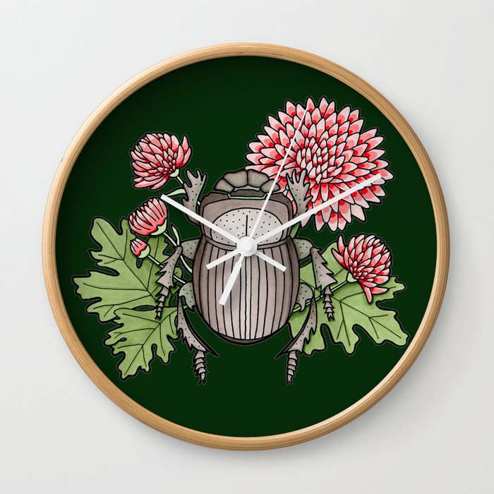 Beetle with Chrysanthemum - Dark Green Wall Clock