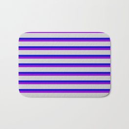 [ Thumbnail: Blue, Dark Violet, and Light Gray Colored Stripes Pattern Bath Mat ]