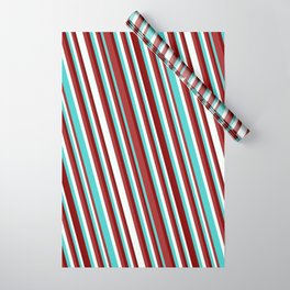 [ Thumbnail: Turquoise, Maroon, Brown & Mint Cream Colored Pattern of Stripes Wrapping Paper ]