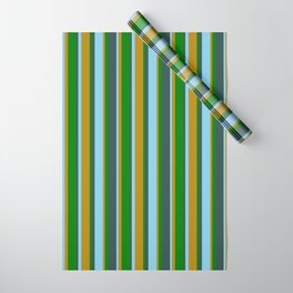 [ Thumbnail: Dark Slate Gray, Sky Blue, Dark Goldenrod, and Green Colored Pattern of Stripes Wrapping Paper ]