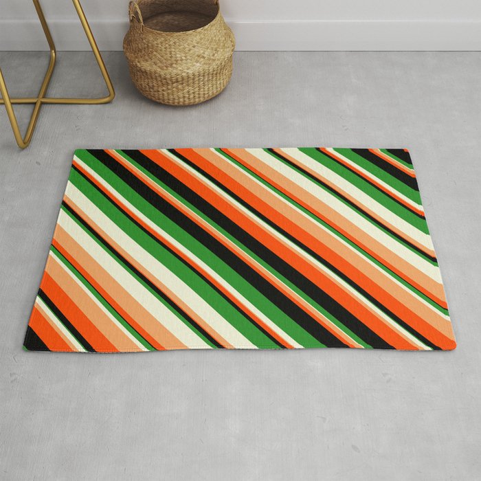 Vibrant Forest Green, Beige, Brown, Red & Black Colored Lines Pattern Rug