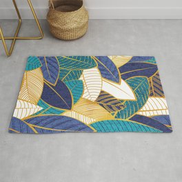 Leaf wall // navy blue royal blue and teal leaves golden lines Area & Throw Rug